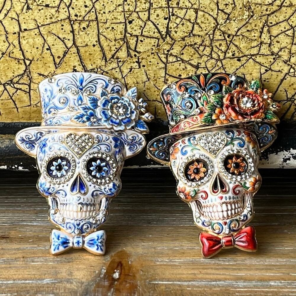 Goth Halloween Enamel Sugar Skull Brooch Set • Dia de los Muertos Pins💀